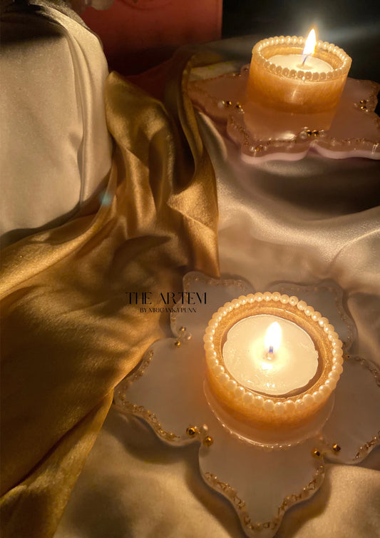 floral pearl resin tealight tray with 2 candles